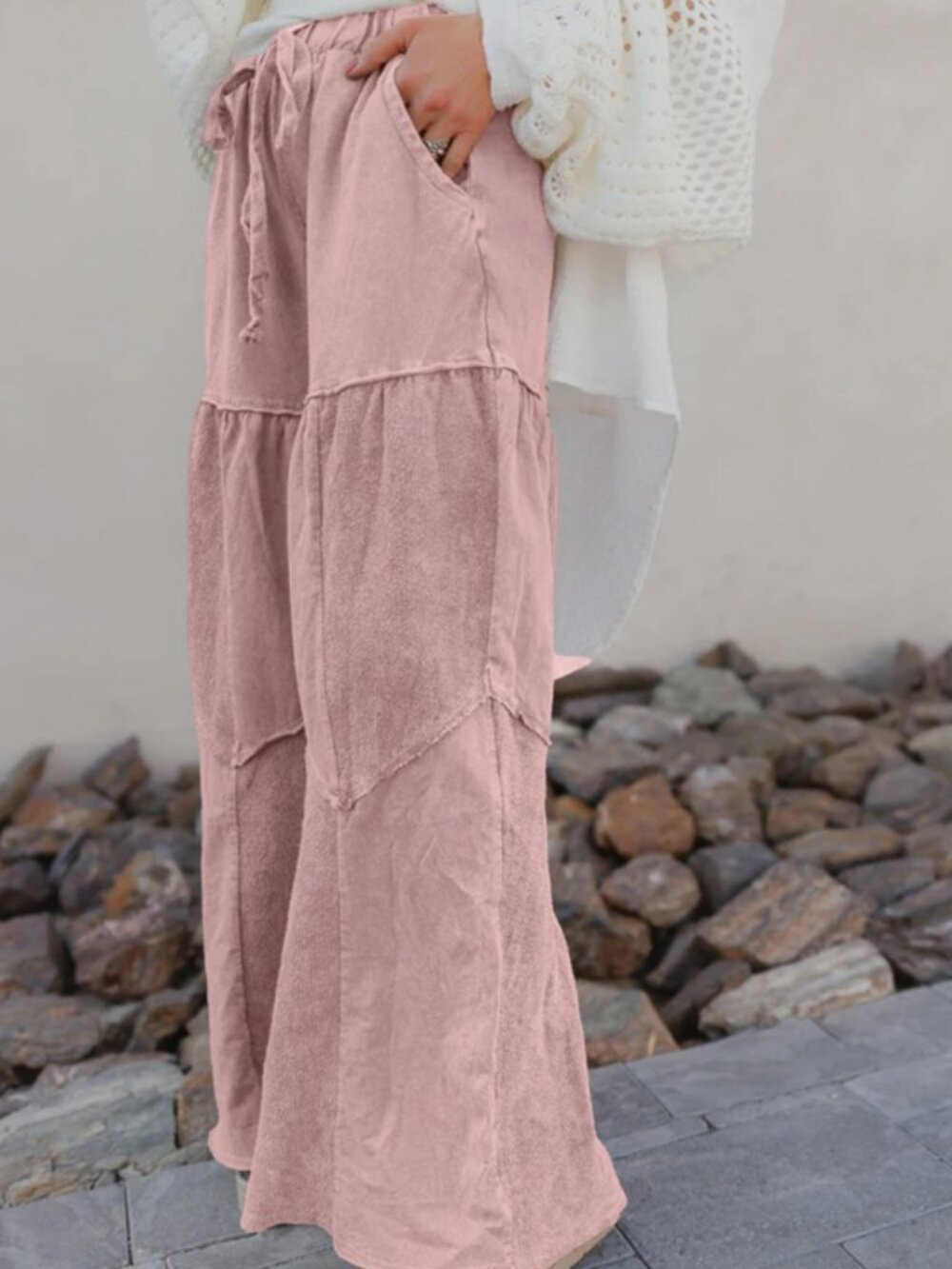 136. LOVESOFT  Mineral Wash Tiered Wide Leg Patchwork Drawstring Pants